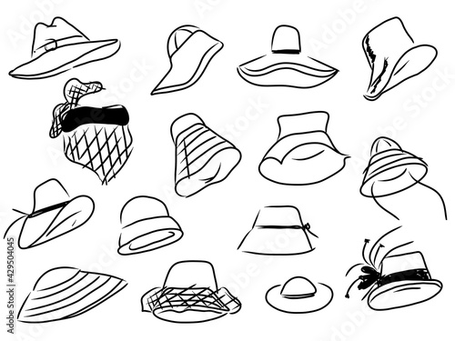 Women hats, set icons. Element of clothing or accessory design. Hand drawing illustration, isolated, white background.