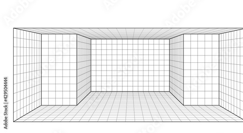 vector illustration of a 3d grid modern building room, open concept black and white lines perspective view isolated on white background