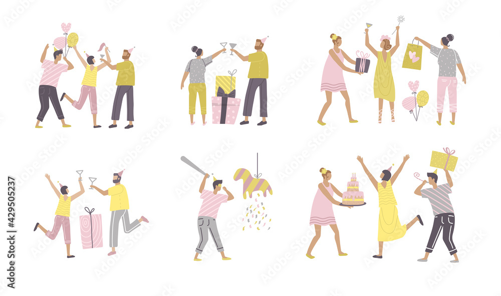 Set funny people characters in birthday party scenes. Women and men pack have fun and give gifts. People celebrating. Flat hand drawn vector illustration.