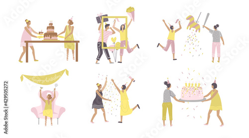 Party scenes set with happy people characters. Friends drinking and having fun together, congratulating and presenting gifts situations. Birthday party. Hand drawn flat vector illustration. © LanaSham