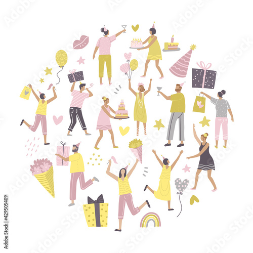 Round shaped composition with cheerful people at birthday party and various festive elements on white background. Flat hand drawn vector illustration