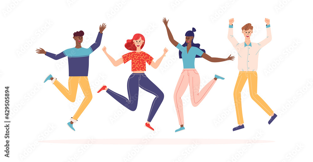 Happy people jumping set. Diverse group of joyful people with raised hands jumping together. Positive and laughing men and women. Young funny teens guys and girls jumping together. Flat illustration