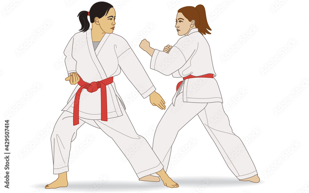 karate two females sparring stance kumite isolated on a white background karate two females sparring stance kumite isolated on a white background