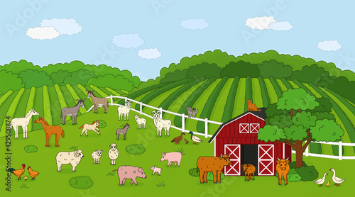 Set of cute outline vector cartoon pet animals at the countryside farm. Doodle Sheep, ram cow bull calf chicken, rooster goat mother and baby, cat pig rabbit hare, horse, fields forest, red barn house