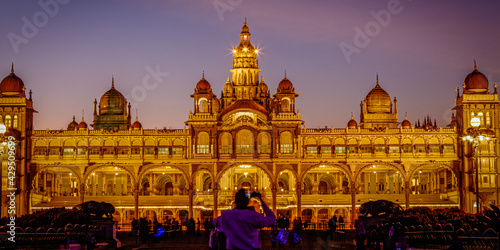 Panoramic View of the Mysore Palace at sunset photo
