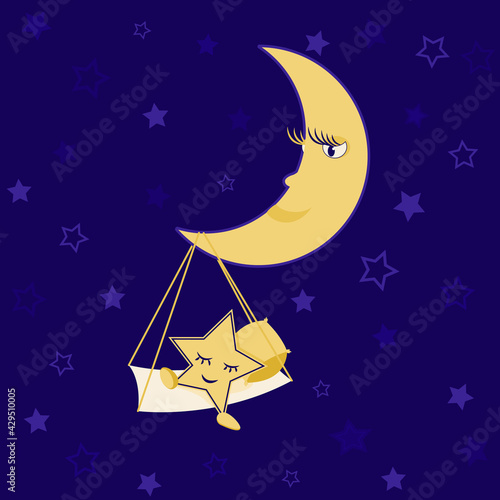 Vector illustration of the moon and stars. Moon and stars in the dark sky. Children's funny illustration. The moon rocks the star. Lullaby.