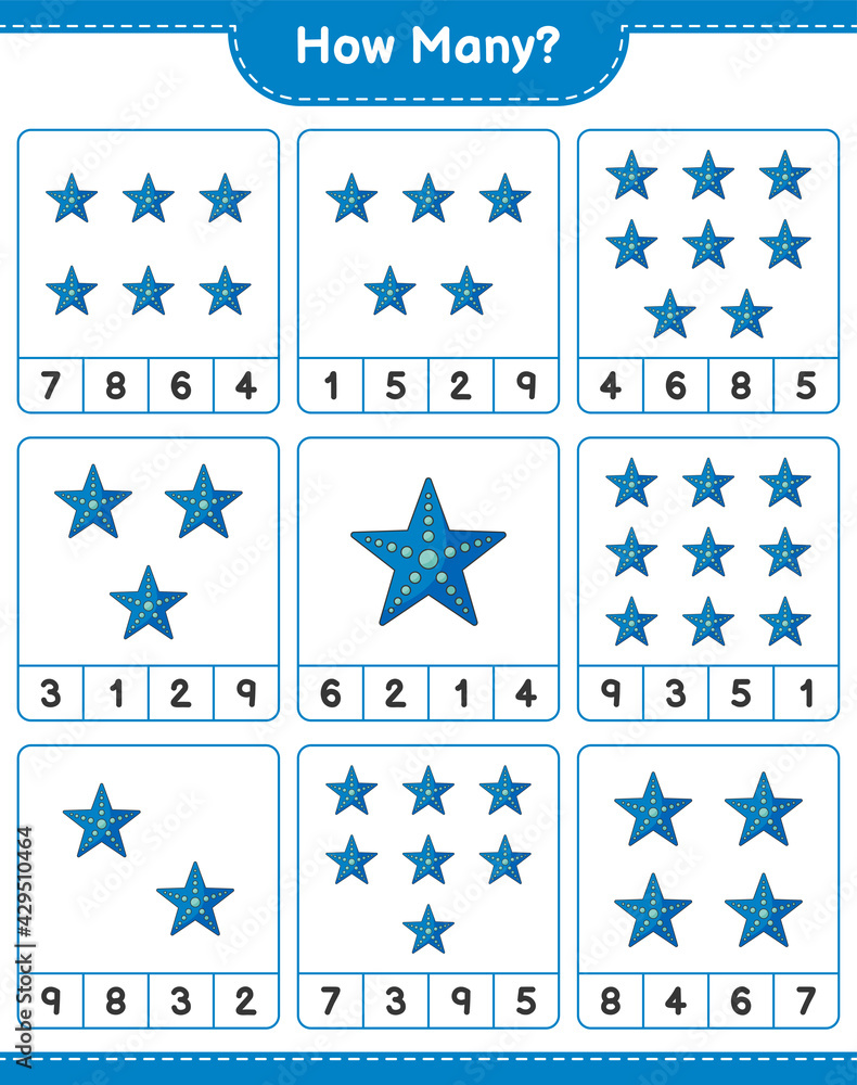 Counting game, how many Starfish. Educational children game, printable worksheet, vector illustration