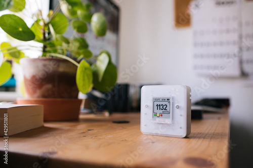 CO₂ sensor monitor. Indoor air quality sensor. Healthy work environment. Work from home. Control proper ventilation in your levels airflow in the room. Carbon dioxide levels and airflow. Smart home