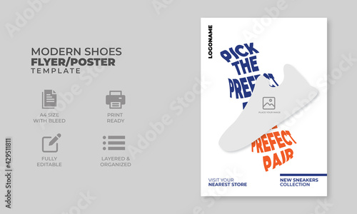 Modern shoes flyer, orange, blue and white, modern shoes poster, a4 flyer