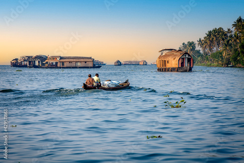 Local People in canoe on the Kerala Backwaters, Southern India