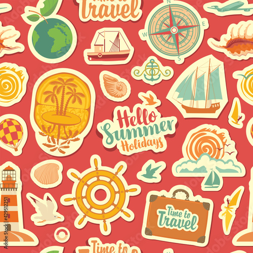 Seamless pattern on the theme of travel  vacations and summer holidays. Repeatable vector background with stickers or magnets in flat style. Set of sea summer icons on a red backdrop