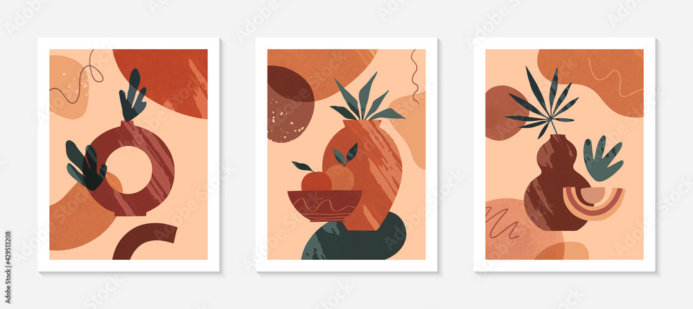 Set of modern abstract vector illustrations with vases,organic various shapes and leaves.Boho watercolor wall art decor.Trendy artistic designs perfect for banners;social media,covers,wallpaper. Set of modern abstract vector illustrations with vases,organic various shapes and leaves.Boho watercolor wall art decor.Trendy artistic designs perfect for banners;social media,covers,wallpaper.