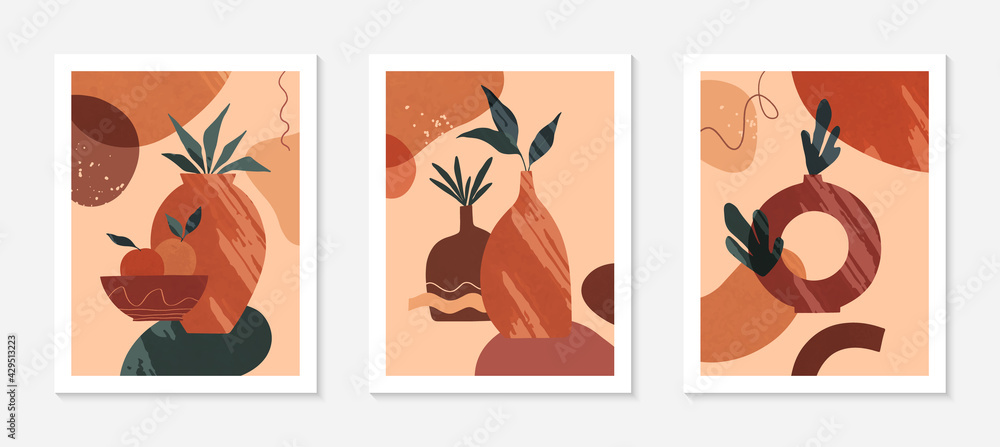 Set of modern abstract vector illustrations with vases,organic various shapes and leaves.Boho watercolor wall art decor.Trendy artistic designs perfect for banners;social media,covers,wallpaper. Set of modern abstract vector illustrations with vases,organic various shapes and leaves.Boho watercolor wall art decor.Trendy artistic designs perfect for banners;social media,covers,wallpaper.