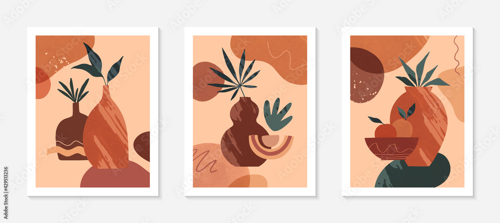 Set of modern abstract vector illustrations with vases,organic various shapes and leaves.Boho watercolor wall art decor.Trendy artistic designs perfect for banners;social media,covers,wallpaper. Set of modern abstract vector illustrations with vases,organic various shapes and leaves.Boho watercolor wall art decor.Trendy artistic designs perfect for banners;social media,covers,wallpaper.
