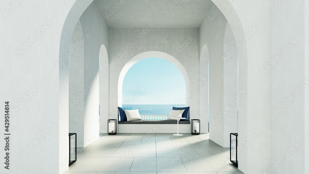 Luxury beach and Pool villa Santorini island style - 3D rendering - obrazy, fototapety, plakaty 