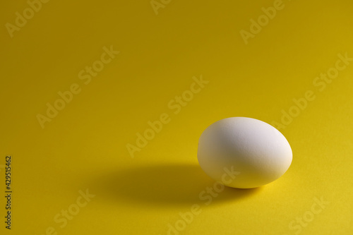 White chicken egg with a shadow on a yellow background.