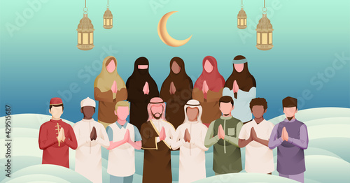 Muslim People All Around The World in Celebration of Eid Al Fitr Mubarak Illustration