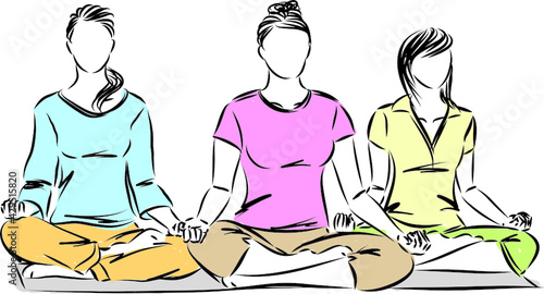 three women in meditation yoga concept vector illustration