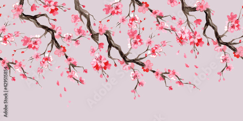 Obraz na plátně Seamless border with japanese cherry blossom branch watercolor