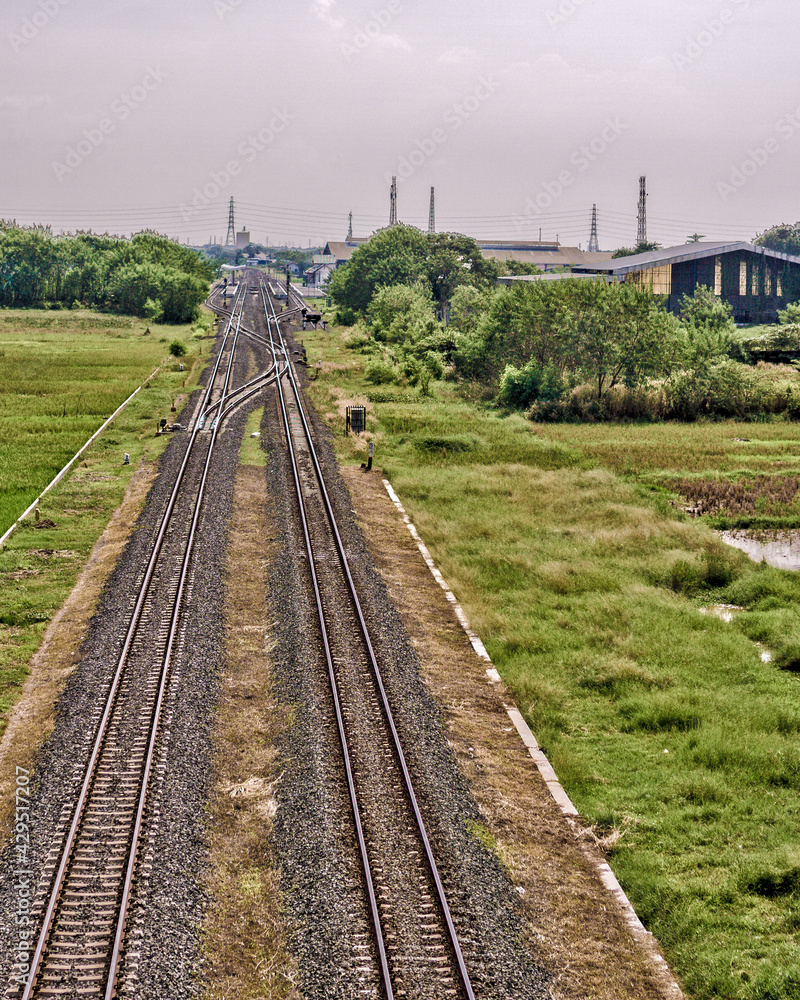 Views of the empty railway line in the city of Cirebon, Indonesia.