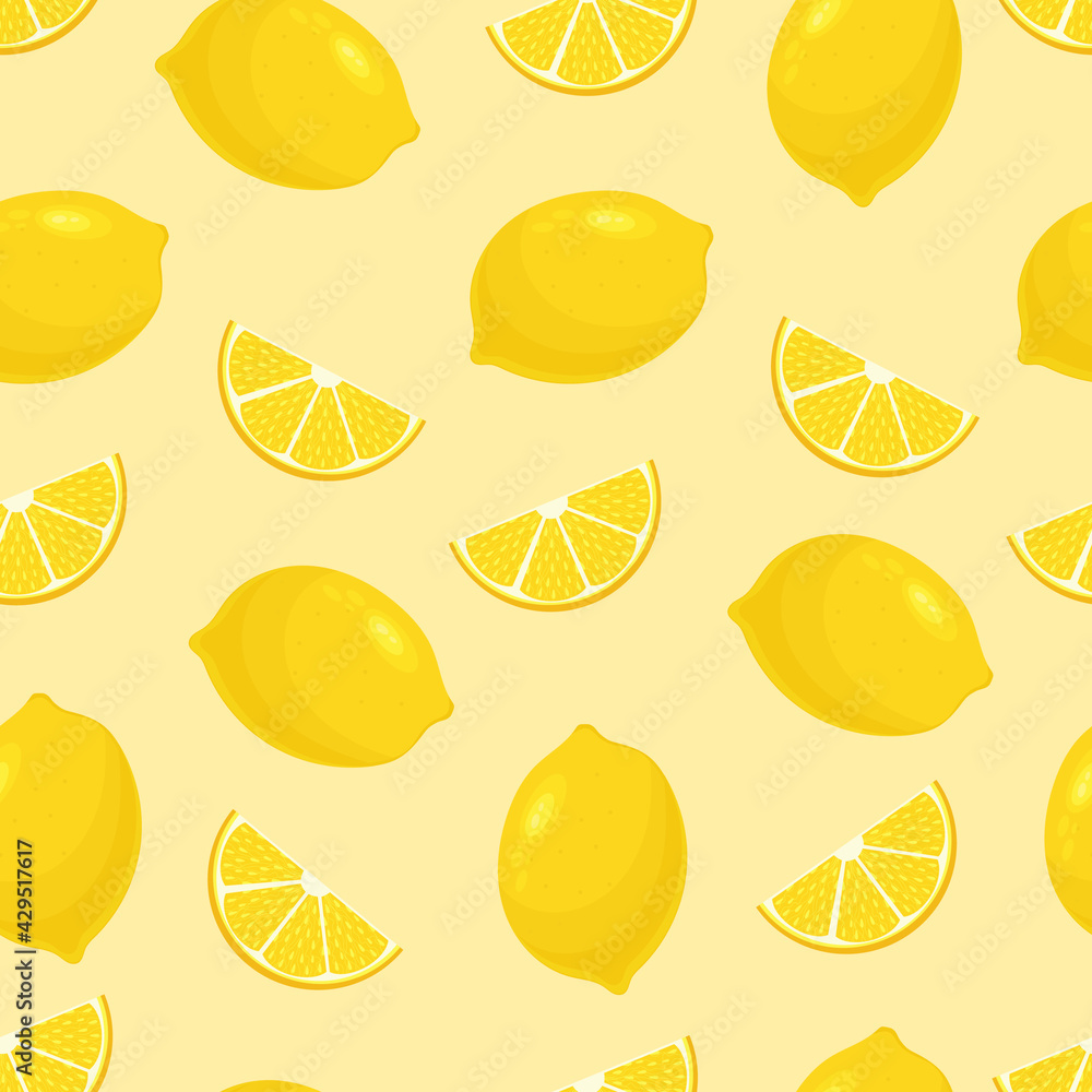 Seamless pattern with lemons. Yellow citrus slices on a striped background. Citrus fruit. For wrapping paper and fabric prints. Vector stock illustration.