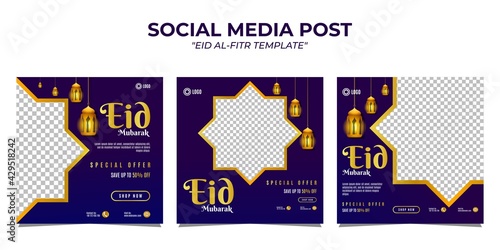 Set of Eid Al-Fitr Mubarak social media post templates on purple and blue gradient background. It is suitable for banners, posters, web ads, promotions, etc.