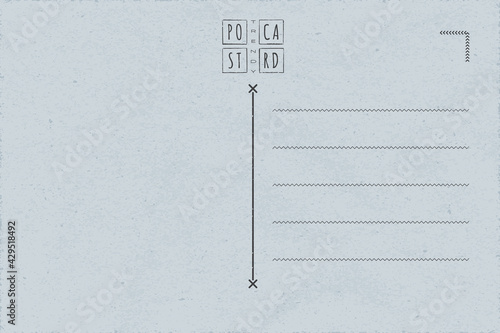 Trendy Postcard Inner Side Blank Template with Doodle Style Logo Lettering in Grunge Frame - Black on Blue Grey Paper Background - Contemporary Graphic Design