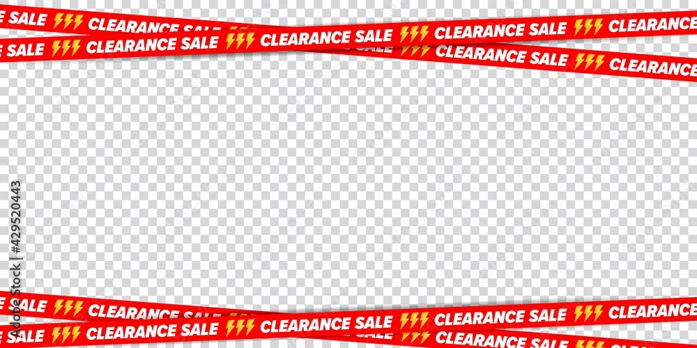 Clearance sale ribbon border frame for discount advertising. Crossed restriction tape on transparent background. Decoration element for banner, poster, brochure and flyer vector illustration