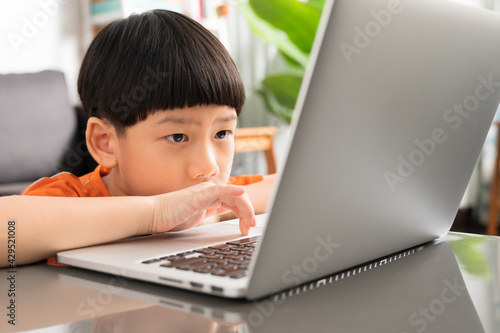 Photos Cute and smart young Asian boy looking at laptop computer and scroll on trackpad to interact with teacher during online learning in virtual classroom at home