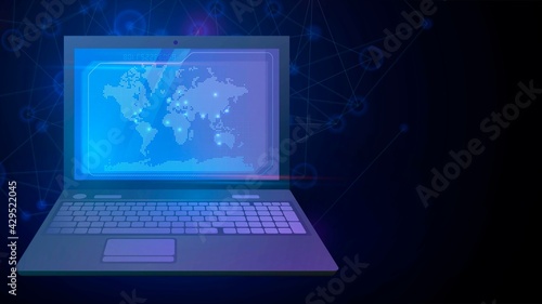 Laptop with world map on a dark background, internet globalization and communication