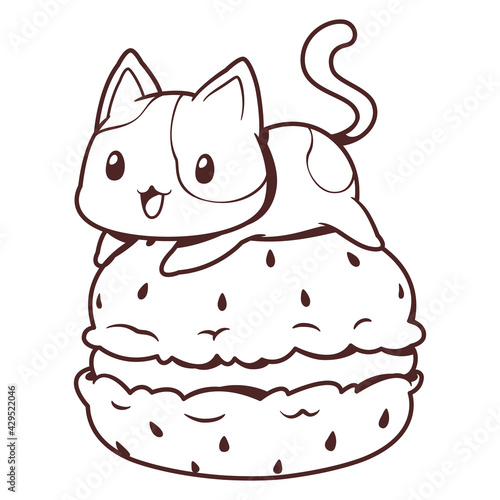 Cartoon line art. Cute macaron and cat doodle. Cute character cartoon. Kawaii style design. coloring page. They are great for decoration or as part of a design.