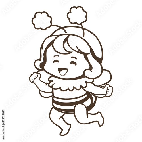 Cartoon line art. Little girl wearing a bee costume jumps out and dances for joy. cute character cartoon. Kawaii style design. coloring page. They are great for decoration or as part of a design.