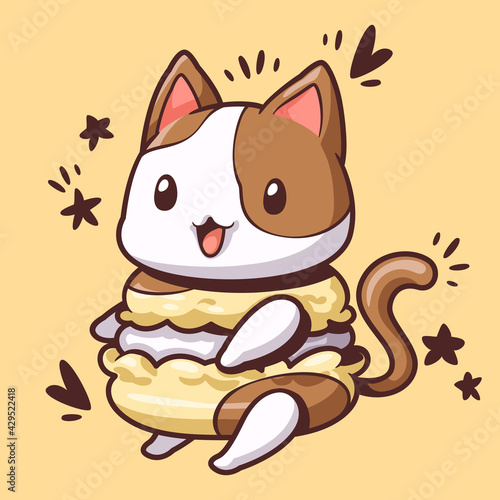 Macaron and cute cat, A white-brown cat with a yellow macaron body, kawaii design style, Cute cartoon characters, Macaron girls digital clipart, Printables vector graphics illustrations.