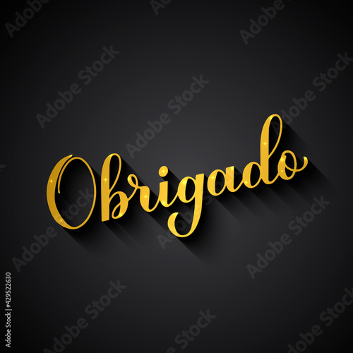 Thank you in Portuguese language. Gold lettering on black background. Vector template for wedding thank you card, tag, banner, poster, label, etc