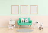 Green sofa in child room with frame mockup, 3D rendering