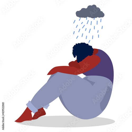 Black plus size girl sitting and crying, depression and bad mood