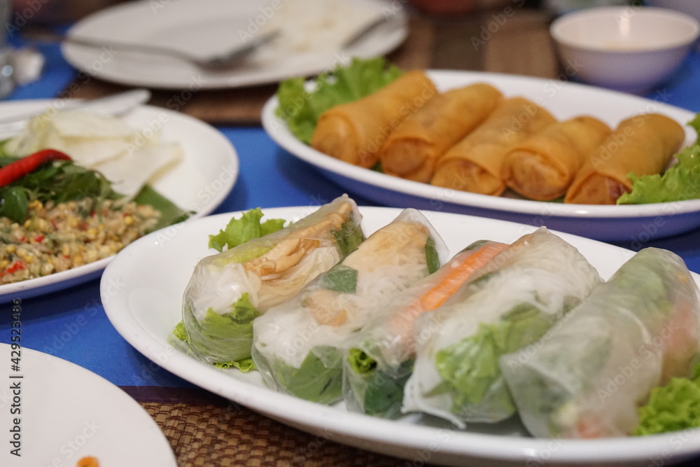 Spring rolls ordered at a restaurant in Cambodia.