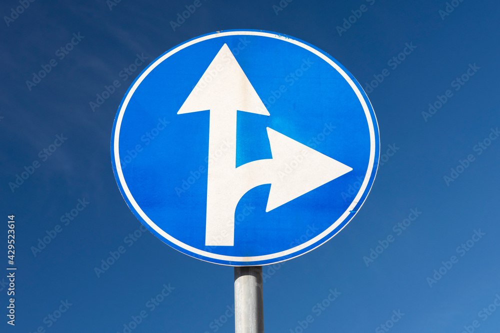 Permitted directions road sign,right and forward traffic sign Permitted directions road sign,right and forward traffic sign