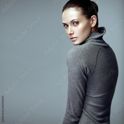 Sensual portrait of beautiful young fashion model. Brown hair. Fresh skin.