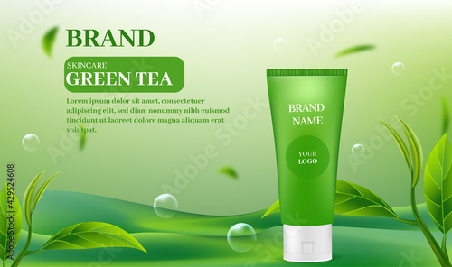 Banner Skin care products on a green tea background
