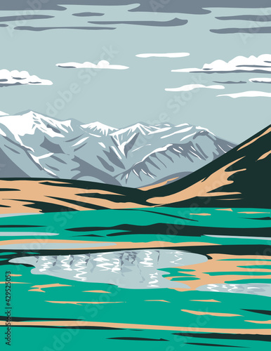 WPA Poster Art of the Brooks Range from near Galbraith Lake located in the North Slope Borough of Alaska, United States done in works project administration style  or federal art project style.