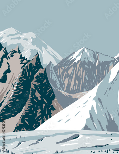 WPA Poster Art of Mount Hunt, Mount Huntington and Mount Dickey of the Alaska Range near Denali National Park done in works project administration style  or federal art project style.