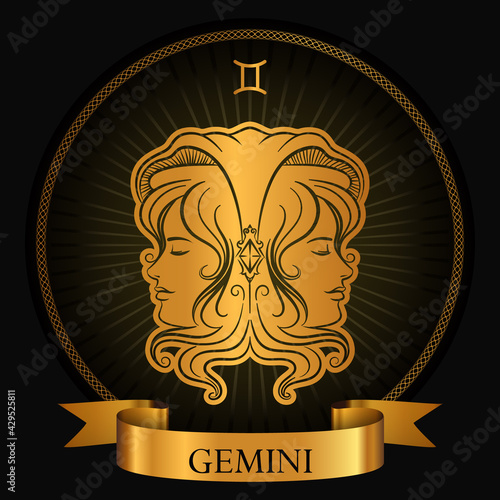 Zodiac Gemini Horoscope Golden Gradient Design Silhouette Style with Sign Icon in Chain Circle Frame and Ribbon with the Name inside Vector Graphic Design Template.
