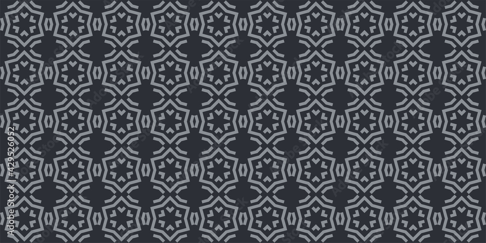 Dark background pattern with gray geometric ornament on a black background, wallpaper. Seamless pattern, texture. Vector graphics
