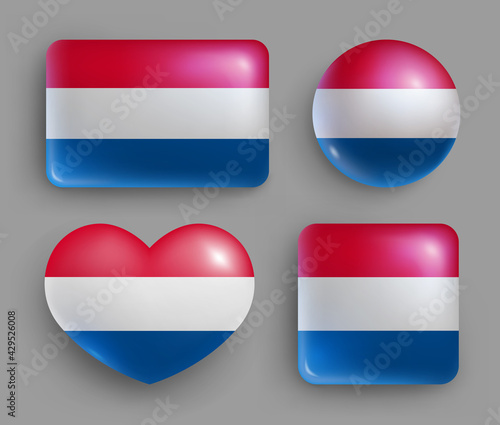Glossy buttons with Netherlands country flags set. European country national flag shiny badges of different shapes. Netherlands symbol in patriotic colors realistic vector illustration