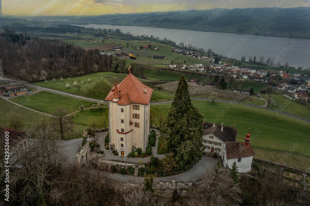 swiss castle with view of the lake 