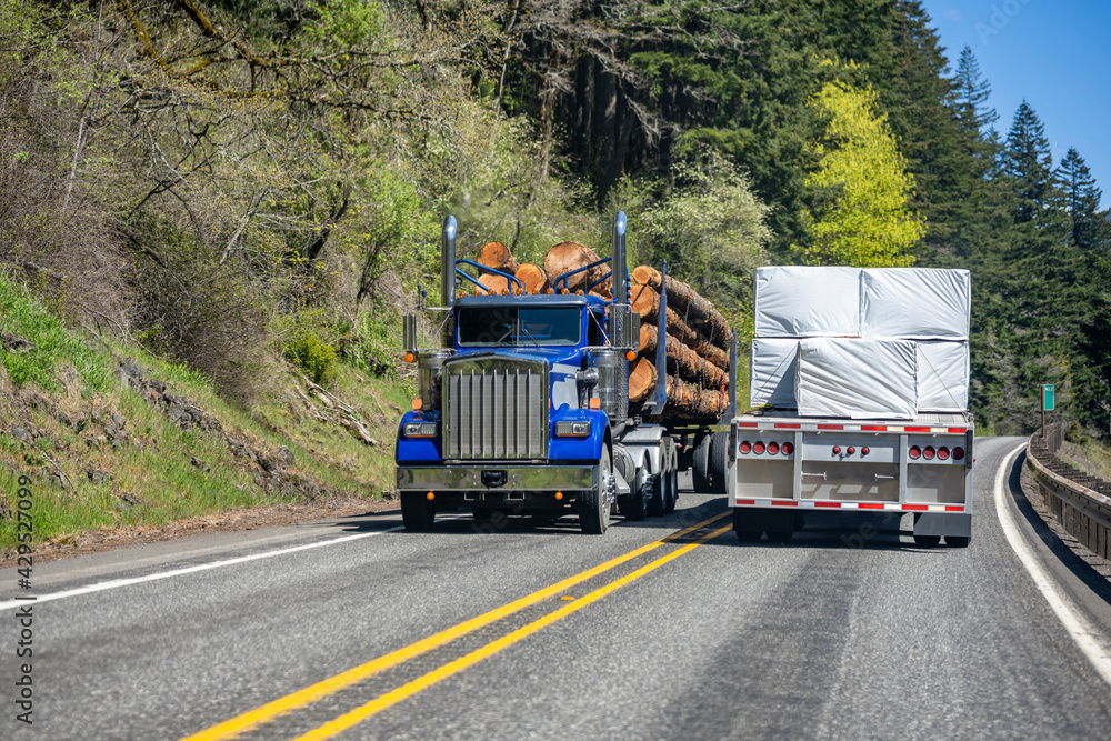 Two different big rigs semi trucks with loaded semi trailers move in ...