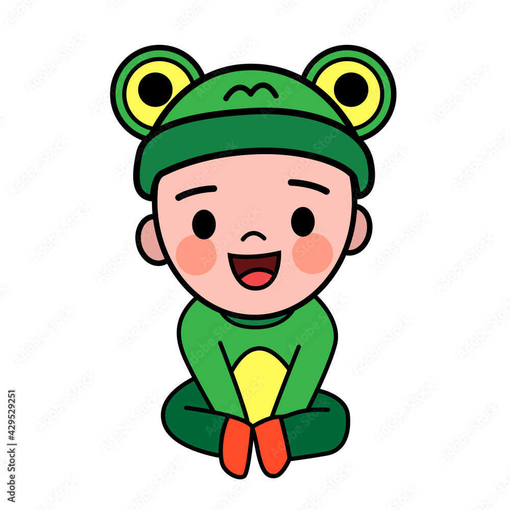 Vector cute cartoon of boy wearing a frog costume. He is sitting and smiling happily. Vector cute cartoon of boy wearing a frog costume. He is sitting and smiling happily.