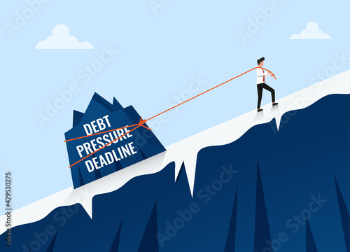 Businessman pulling a big stone uphill vector illustration. Business problem hardship and burden concept.