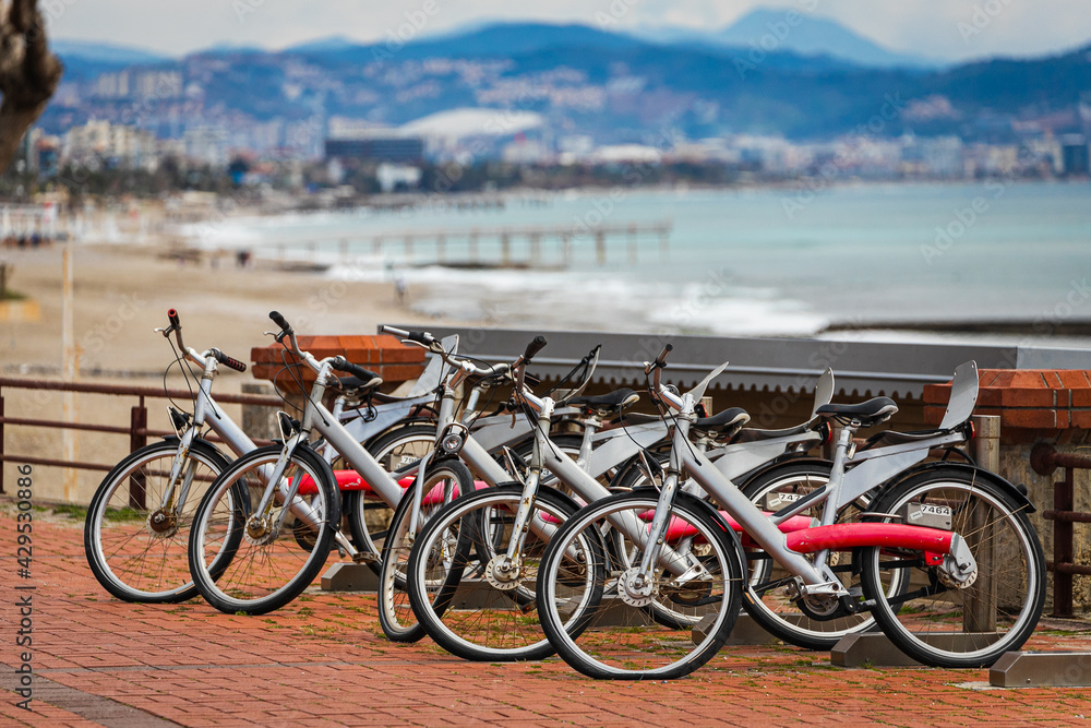 A range of different bicycles for rent parked against the backdrop of the beach and sea